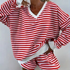 Oversized Red & White Striped V-Neck Lounge Set size medium new